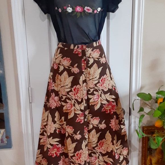 CHAPS, Linen Blend, Button Front Floral Pattern Midi Skirt Size 14 - Picture 1 of 10